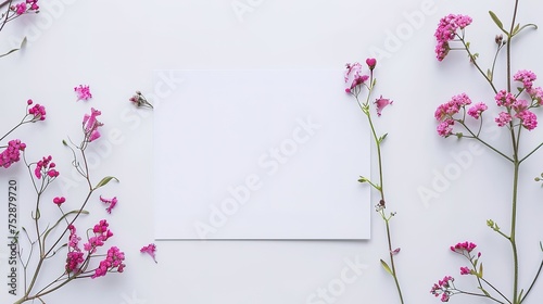 mockup card with plants. invitation card with environment and details Mockup with postcard and flowers on white background. card and lilac. ink pen, ink, stamp pink flowers with copy space