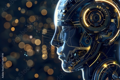 Futuristic Robot Head with Bokeh Panorama Style, To convey a sense of modernity, innovation, and technological advancement in the context of modern technology and innovation in the photo