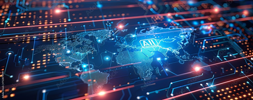 A Digital World Map and an AI Symbol: An image with a world map in the background and an AI symbol on top, reflecting the global impact and presence of artificial intelligence in the digital world