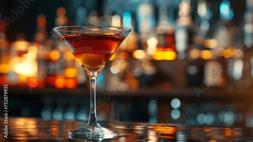 Manhattan cocktail on bar background. Glass of alcoholic drink