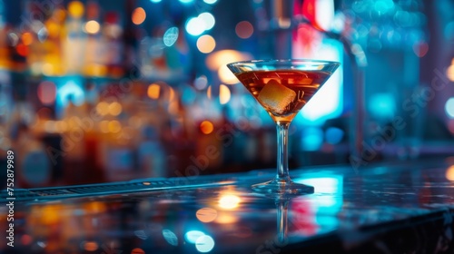 Manhattan cocktail on night club background. Glass of alcoholic drink