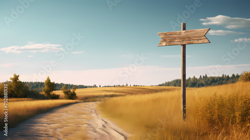 Blank wooden road sign on country road symbolizing custom direction sign