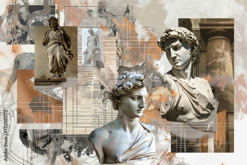 Collage of stoic classical statues with stoicsim and textures. A creative digital collage that combines elements of classical statues with various textures and abstract patterns