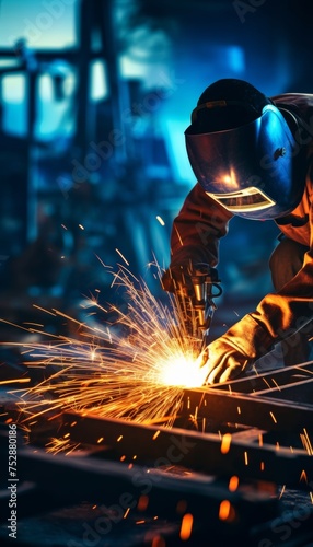 Close up of professional welder working on medium sized pipe with blue light, space for text. photo