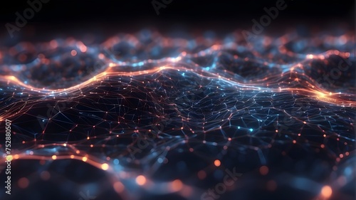 space-filled, abstract backdropmassive data flow online. blockchain data fields. Connect stream with network line. Digital communication, scientific research, and AI technology concept, 