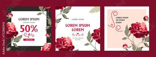 Set of cards with roses in vector. Collection of postcards with blooming flowers.