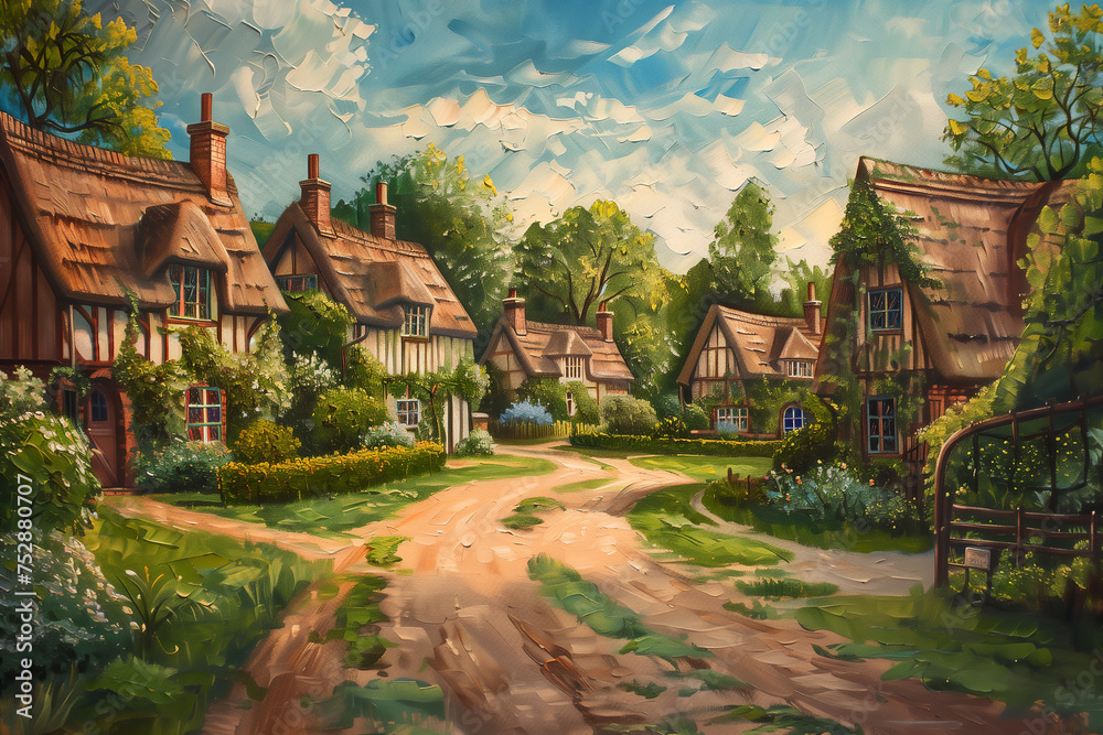 Oil painting of an old fashioned quintessential English country village in a rural landscape setting with an Elizabethan Tudor thatched cottage, stock illustration image