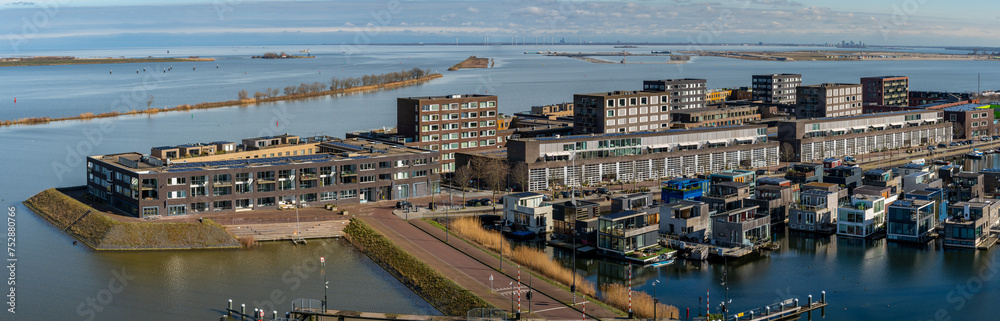 Panorama of Ijburg, Amsterdam-Oost. View of the floating houses and the Steigereiland neighborhood