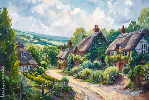 Oil painting of an old fashioned quintessential English country village in a rural landscape setting with an Elizabethan Tudor thatched cottage, stock illustration image