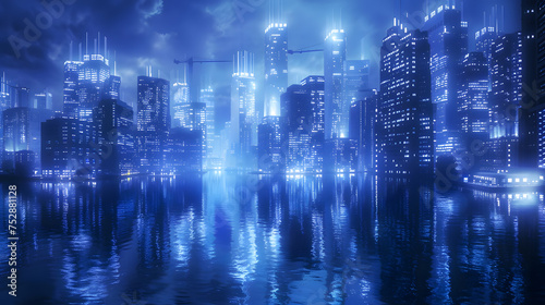 Futuristic city at night with reflection in water