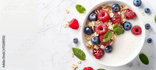 Wholesome american breakfast granola with milk, berries, honey on white background, space for text.
