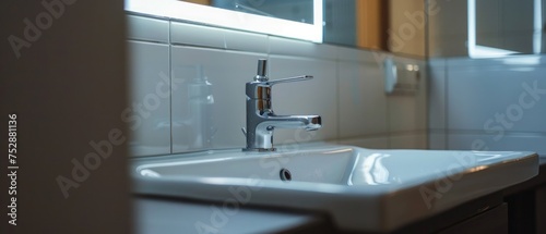 Wash basin with mirror mounted on wall in apartment