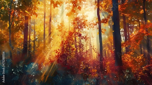 Autumn forest landscape. Foliage, rain, berries, clearing, nature, moss, rays, melancholy, sun, light, harvest, mushrooms, yellow, red, fallen leaves, fog. Generated by AI