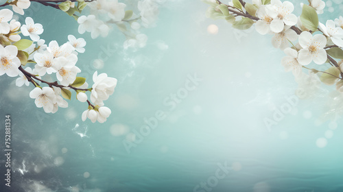 Flowers composition. purple flowers on pastel blue background. Spring, easter concept. Flat lay, top view. Spring border background with white blossom. Springtime composition with copyspace. © AK528