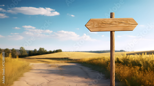 Blank wooden road sign on country road symbolizing custom direction sign