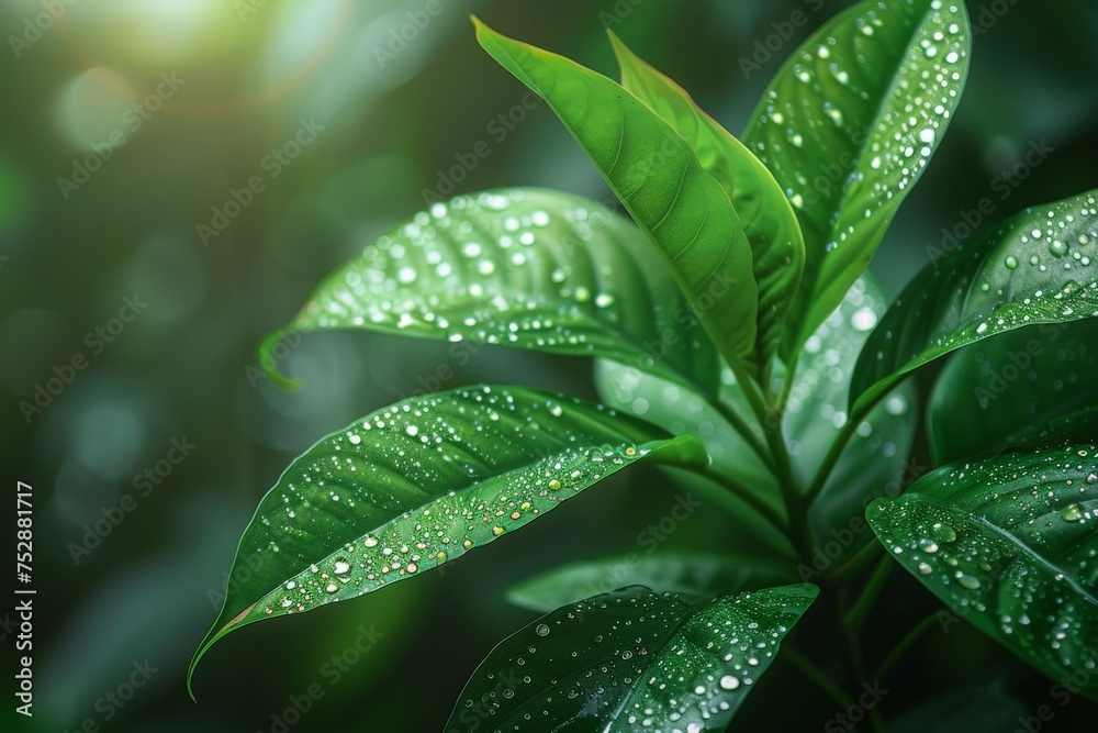 Close up of fresh green leaves with sparkling water droplets, concept of freshness, nature and growth Close up of fresh green leaves with sparkling water droplets, concept of freshness, nature and growth