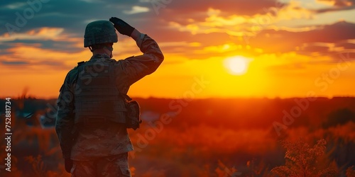 Military officer salutes during golden hour showcasing honor and dedication. Concept Golden Hour Photography, Military Officer, Salute, Honor, Dedication