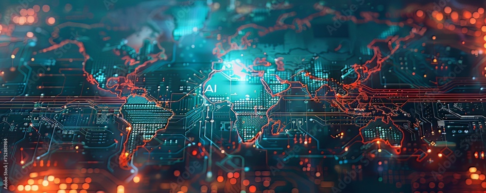 A Digital World Map and an AI Symbol: An image with a world map in the background and an AI symbol on top, reflecting the global impact and presence of artificial intelligence in the digital world