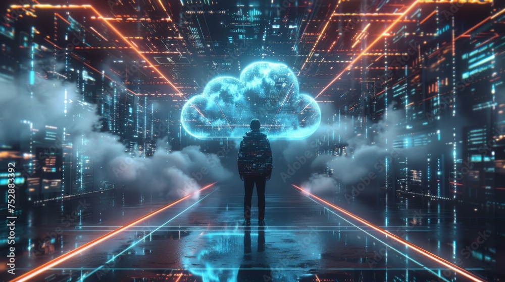 A man stands in a futuristic city with a cloud above him. Concept of wonder and awe at the possibilities of technology and the future