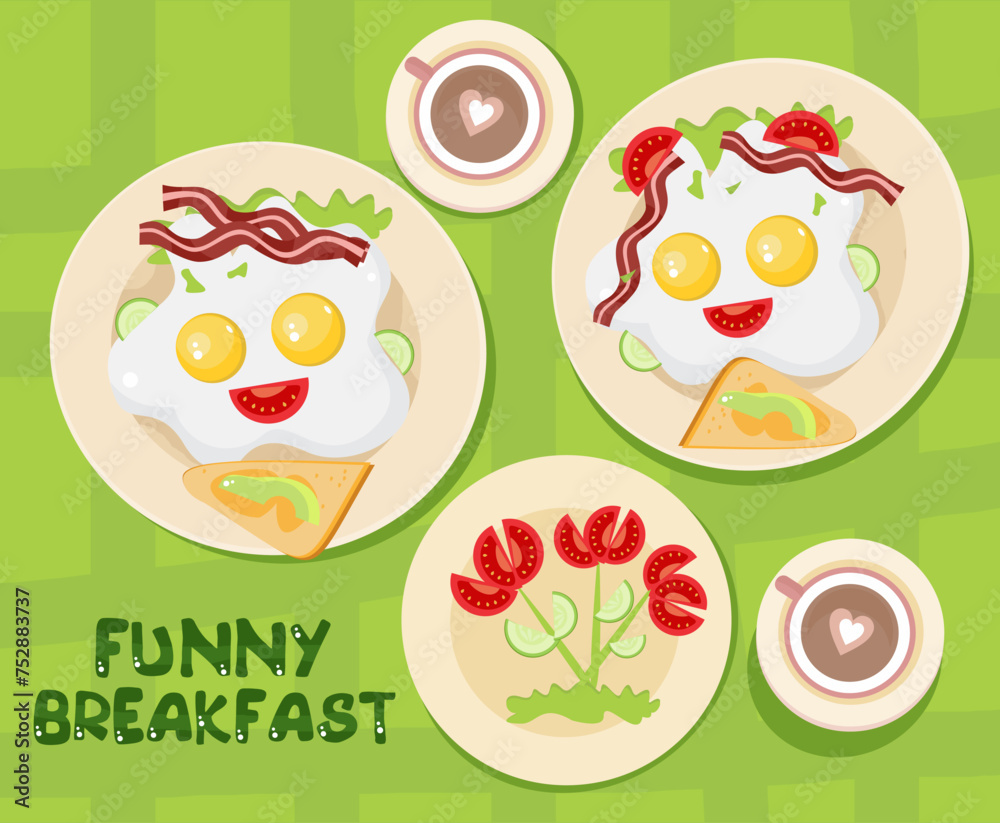 Funny breakfast, breakfast for a child. Top view of plates with fried egg, bacon, tomato and cucumber slices, face on the plate. cup of tea, cocoa.A bouquet of tomatoes on a plate. Vector illustration