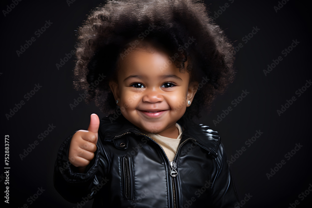 Little cute boy with dark fluffy curly hair in a dark jacket, black African man shows thumbs up. Little cute boy with dark fluffy curly hair in a dark jacket, black African man shows thumbs up.