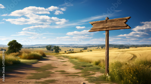 Wooden road sign isolated on village path with white clouds and mountain direction concept