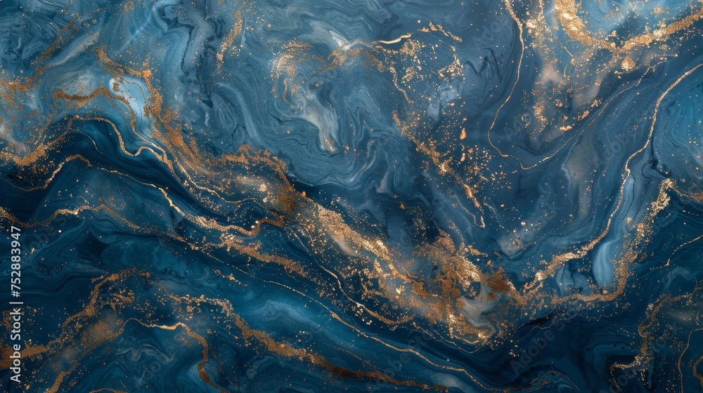 Golden mineral ink on blue liquid paint, creative rainbow stone water pattern for wallpaper design