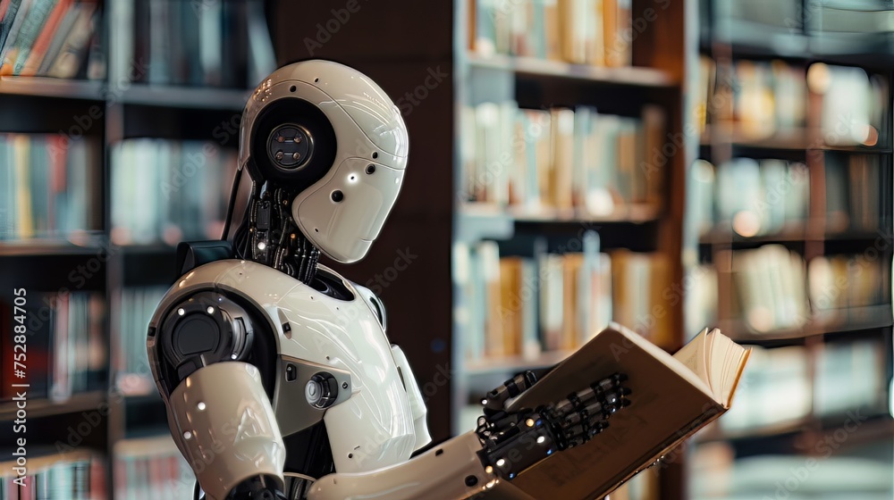 A Humanoid Robot Learning: An image of a humanoid robot engaged in a learning process, perhaps reading a book or analyzing data, showcasing the ability of AI systems to acquire knowledge and adapt