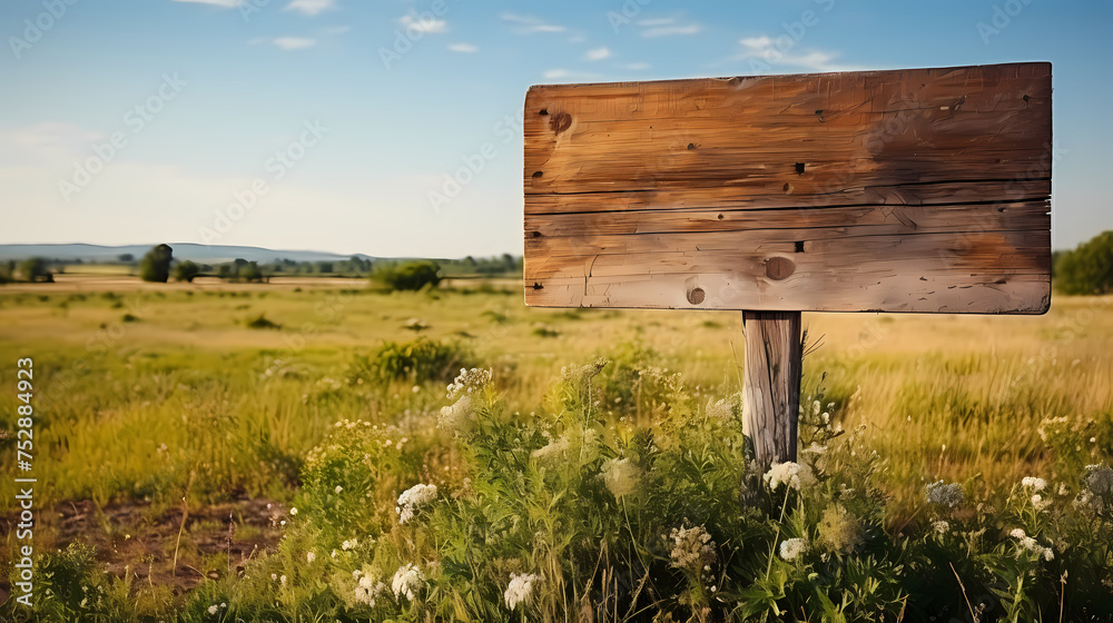 Naklejka premium Wooden road sign isolated on village path with white clouds and mountain direction concept