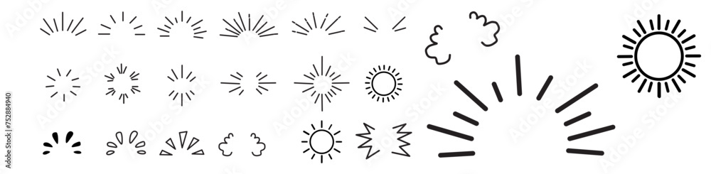 Doodle line sparkles and rays. Hand drawn explosion lines confetti, sun burst, decorative effect surprise elements. Sketch comic celebrating splash and sign. Vector set Doodle line sparkles and rays. Hand drawn explosion lines confetti, sun burst, decorative effect surprise elements. Sketch comic celebrating splash and sign. Vector set