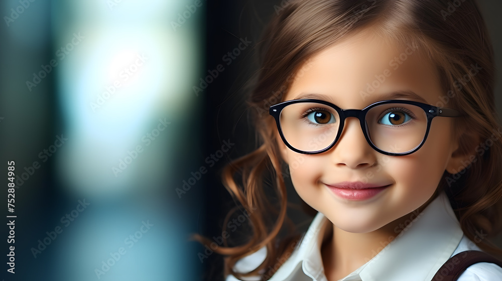Portrait small cute schoolgirl smiling girl schoolgirl glasses.