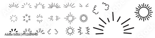 Doodle line sparkles and rays. Hand drawn explosion lines confetti, sun burst, decorative effect surprise elements. Sketch comic celebrating splash and sign. Vector set
