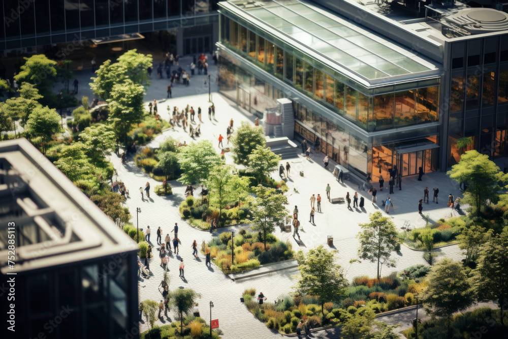 Aerial view of crowded downtown in the city. Drone view of financial and commercial district. High glass buildings with offices and stores Aerial view of crowded downtown in the city. Drone view of financial and commercial district. High glass buildings with offices and stores