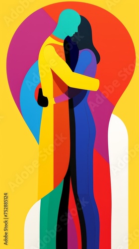 people hugging each other, in the style of color-blocking abstraction