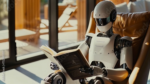 A Humanoid Robot Learning: An image of a humanoid robot engaged in a learning process, perhaps reading a book or analyzing data, showcasing the ability of AI systems to acquire knowledge and adapt photo