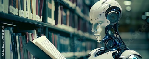 A Humanoid Robot Learning: An image of a humanoid robot engaged in a learning process, perhaps reading a book or analyzing data, showcasing the ability of AI systems to acquire knowledge and adapt photo