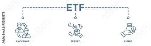 ETF banner web icon vector illustration concept Exchange Traded Funds Stock Market Investment with icon of money, cash flow, trading, transaction, bank, accounting, and growth