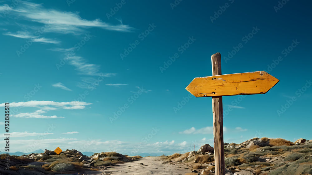 Wooden road sign isolated on village path with white clouds and mountain direction concept - obrazy, fototapety, plakaty 