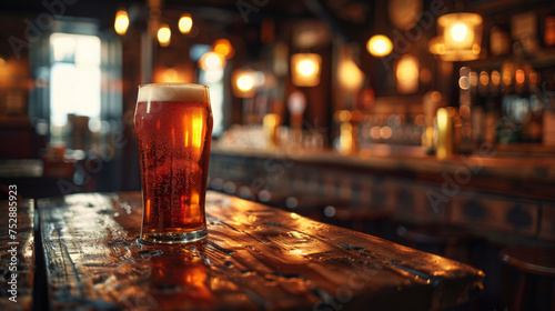 Fototapeta Naklejka Na Ścianę i Meble -  Warmly lit pub interior highlighting a glowing glass of amber beer on a rustic wooden bar counter.