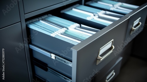 An open drawer of a metal filing cabinet, revealing neatly organized documents.