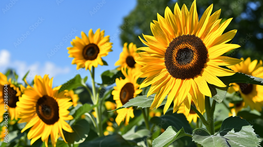 An array of bright sunflowers turning towards the sun, their yellow petals and dark centers captured in high-definition 4K HDR, set against a backdrop of a clear summer sky.
