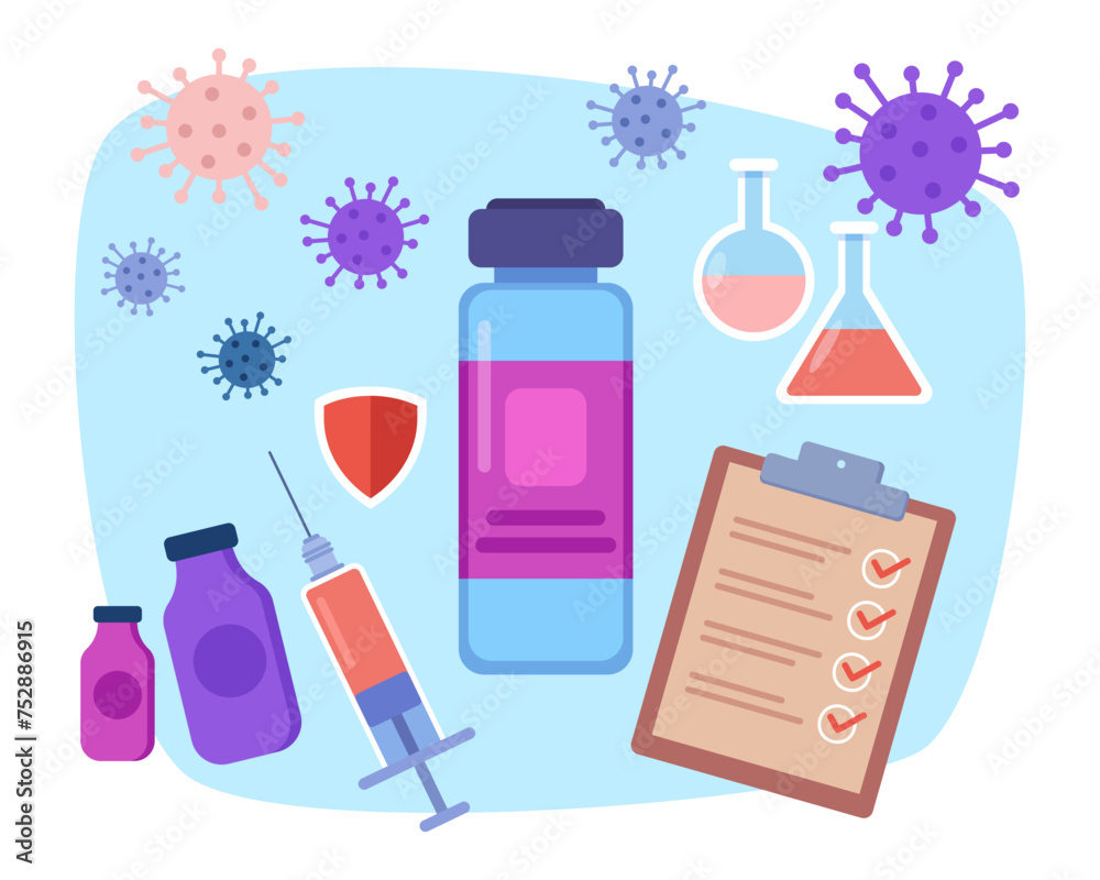 Vaccine ampoule vector illustration with checklist, syringe, glass flasks and virus on background. Effective vaccine from Covid-19, safety, vaccination concept Vaccine ampoule vector illustration with checklist, syringe, glass flasks and virus on background. Effective vaccine from Covid-19, safety, vaccination concept