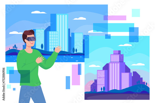 Man in VR glasses testing application vector illustration. Different cityscapes. Virtual reality experience concept