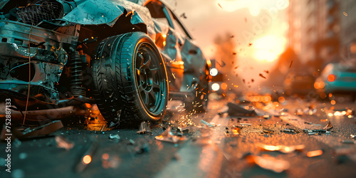 Car accident collision on the road render 3d photo