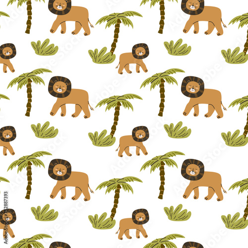 cute wild tropical animal lion and palm seamless pattern