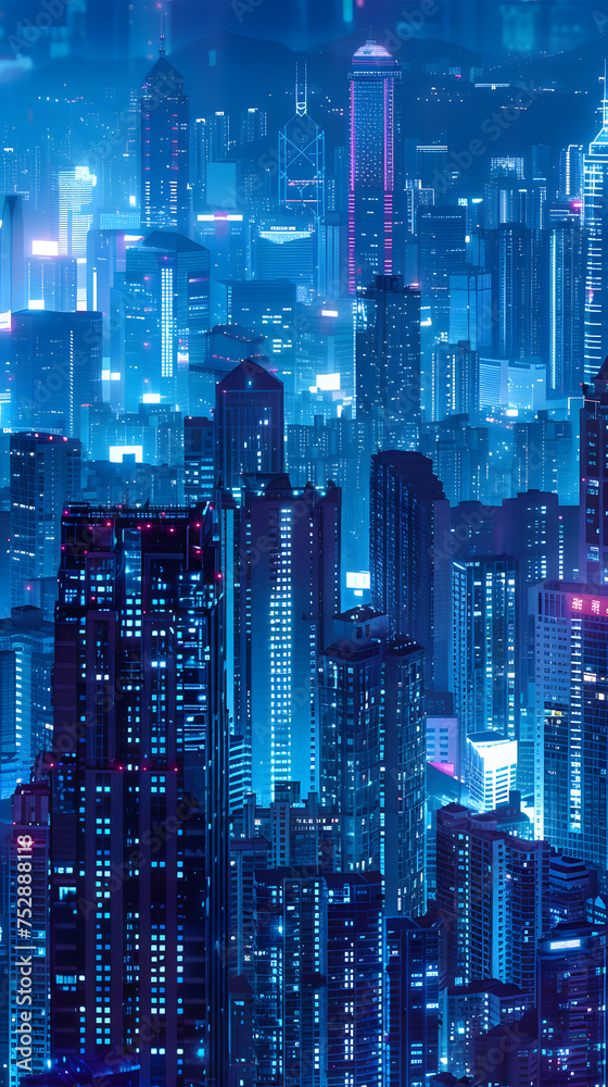 Futuristic skyscrapers in the city at night with neon lights