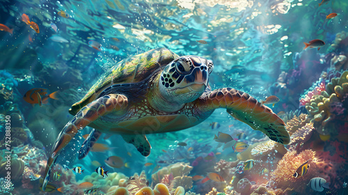 Swimming Turtle  in clear sea water, Turtle Over Vibrant Coral Reef, Generative AI © HayyanGFX