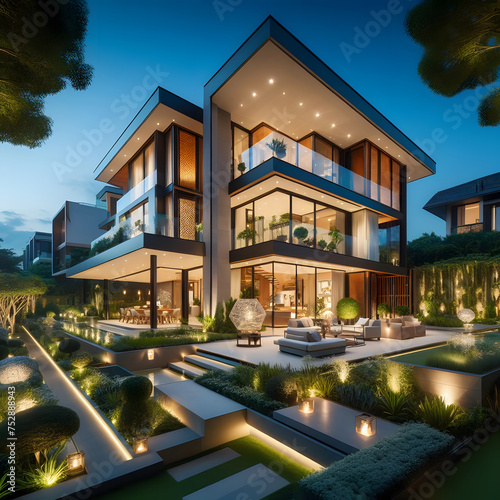 3d rendering of modern cozy house with pool and parking for sale or rent in luxurious style. Clear summer night with many stars on the sky Generative AI