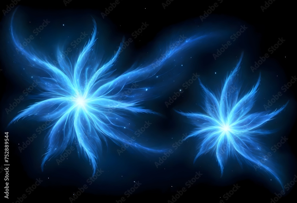 Fototapeta premium Star shaped blue glowing object, computer generated abstract background, Starry sky, digital drawing