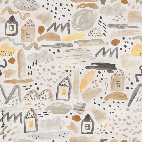 Cute seamless pattern. Watercolor childish background with houses, mountains, river and lakes. Vintage colors.